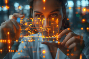 A focused female scientist examines a translucent circuit board illuminated with vibrant orange lights.