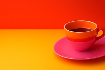 Obraz premium A colorful coffee cup rests on a vibrant pink saucer elegantly