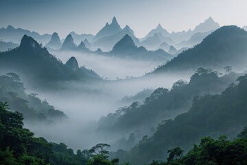 Obraz premium Enchanting Foggy Mountain Landscape with Grey Peaks and Vibrant Greenery