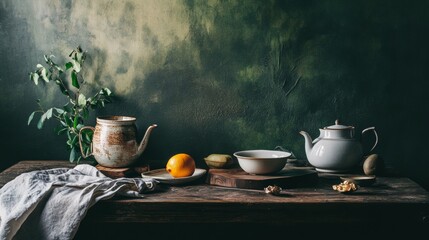 Traditional tea setting with pottery and fruit on dark backdrop