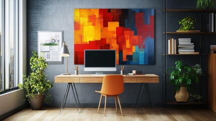 Colorful home office workspace with abstract wall art