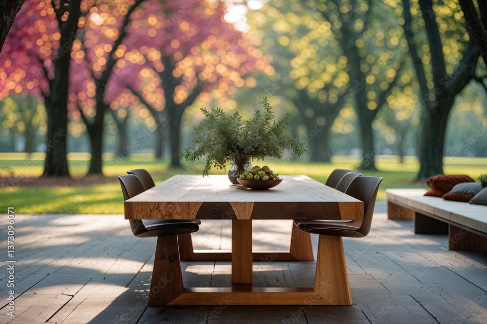 Poster open grain dining table surrounded by soft bokeh of colorful trees in peaceful park setting for prod