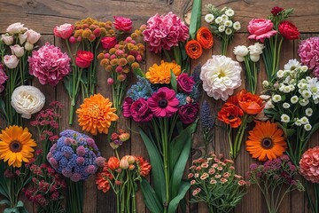 Obraz premium Stunning Floral Arrangements on Rustic Wood Background for a Thoughtful Decor Setup