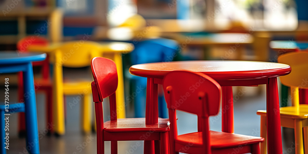 Poster close-up of red plastic chairs and table in a blurred classroom setting, showcasing a vibrant and pl