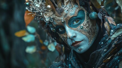 Masked woman in dramatic costume with dark background