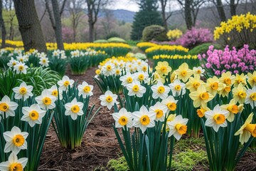 Fototapeta premium Vibrant Spring Daffodil Gardens with Colorful Bouquets and Lush Natural Landscapes