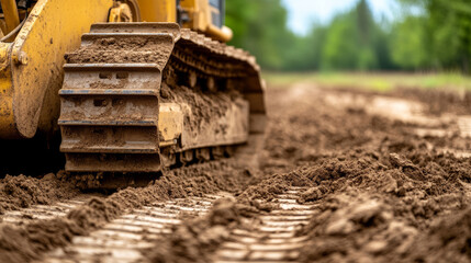 Bulldozer track digging, moving soil across agricultural terrain during heavy construction grading work