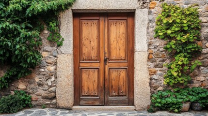 Wooden double door in stone frame surrounded by greenery and