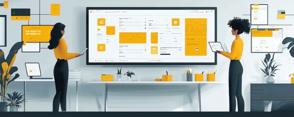 Two professionals collaborating in a modern digital workspace with advanced tools
