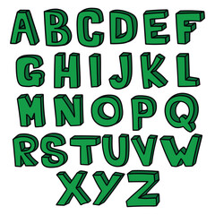 Hand drawn cartoon green english alphabet on white background.