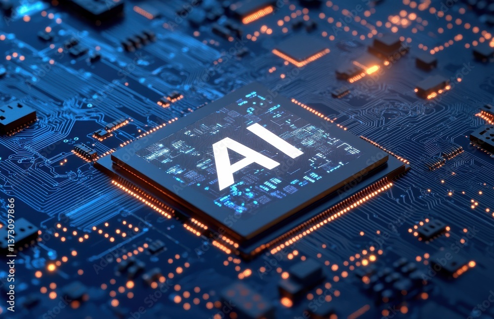 Poster close-up view of an ai chip embedded on an illuminated circuit board