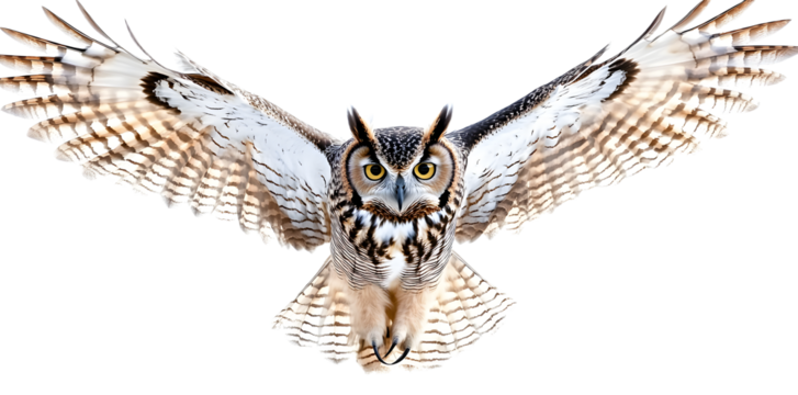 With wings outstretched and feathers rustling, a majestic solitary owl takes to the sky, its sharp talons extended and its piercing gaze fixed intently, as it stands out against a pure white isolated