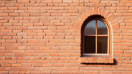 Sunlight streaming through medieval style arched window, casting warm glow on weathered red brick wall surface