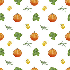 Fall vegetables harvest watercolor seamless pattern isolated on white. Farm plants template with rustic farm design. Orange pumpkin, bell pepper, and green onion with green leaves.