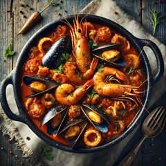 Seafood stew with prawns, mussels and tomato sauce