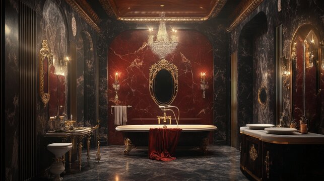Fototapeta Elegant vintage bathroom with red wallpaper and chandeliers