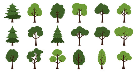 A vibrant collection of diverse trees representing nature's beauty in simplified, flat designs.