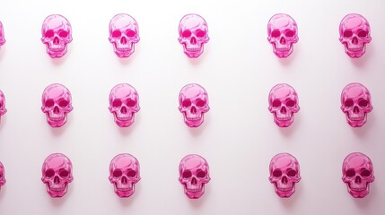 Futuristic pink wireframe skull pattern with geometric forms on a white background. Digital art