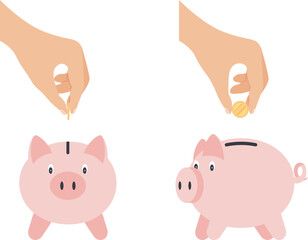 Hand put golden coin into piggy bank. Concept of life personal or family savings, investing, economy, income, finance. Hand drawn vector illustration.