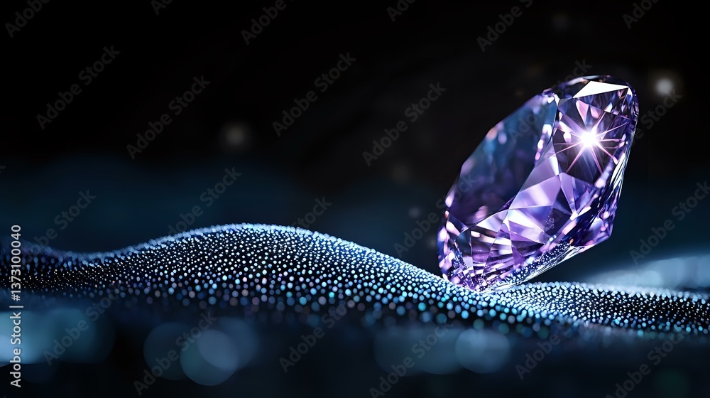 Poster purple diamond on shimmering water droplets surface with dark background and bokeh effects, creating