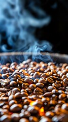 Obraz premium Fresh coffee beans roasting with rising blue smoke and visible heat, macro shot showing rich brown colors and natural texture for food and beverage industry.