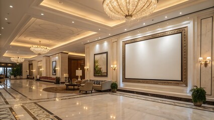 A grand hotel lobby featuring ornate chandeliers, marble floors, and elegant seating areas with artwork
