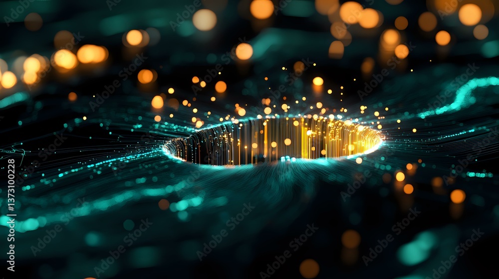 Poster glowing circular portal with magical golden light particles rising from mysterious opening against d