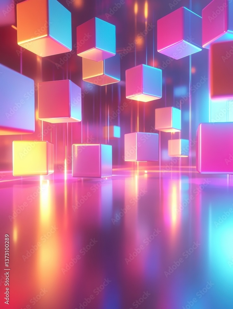 Aufkleber Futuristic minimalistic environment featuring colorful floating 3D cubes with soft reflections and neon color gradients
