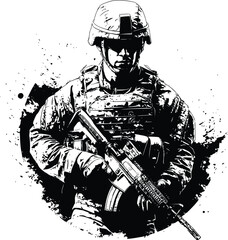 Vector Grunge Illustration of a Marine Walking While Holding His Rifle in Black and White