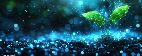 Abstract depiction of sprouting life with glowing connections and digital elements