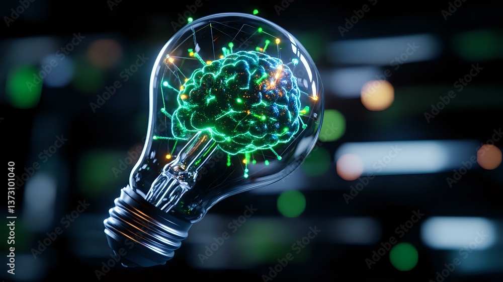 Poster glowing green brain inside light bulb on dark background with bokeh lights, representing innovation,