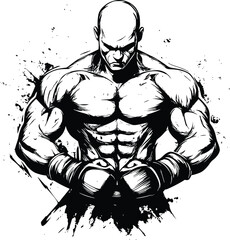 Bold Black and White Grunge Illustration of a Muscular Boxer in Action Pos