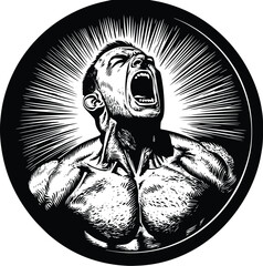 Illustration of a Muscular Fighter Standing and Screaming in a Bold Black and White Grunge Style