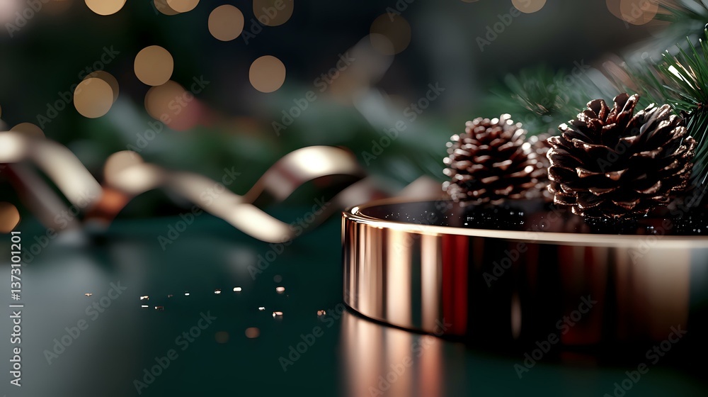 Poster pine cones and gold ribbon on metallic surface with bokeh lights and evergreen branches create festi