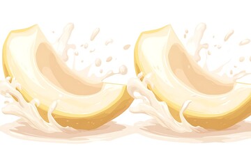 Two cantaloupe slices with splashing liquid on a white background