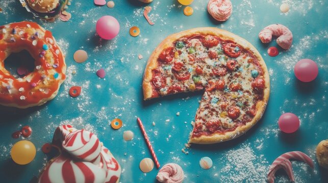 Playful flatlay of pizza surrounded by candy and sweets