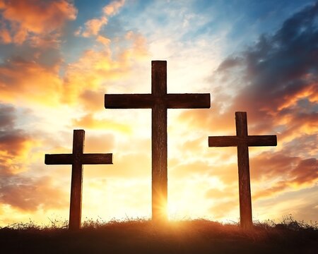 Three wooden crosses silhouetted against a colorful sunset sky
