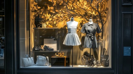 Elegant fashion boutique storefront with autumn decor