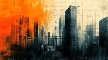Obraz premium Abstract cityscape art piece featuring prominent tall buildings