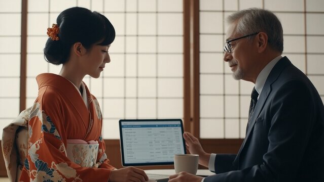 Asian woman discusses data with senior businessman using tablet indoors near screen doors office.