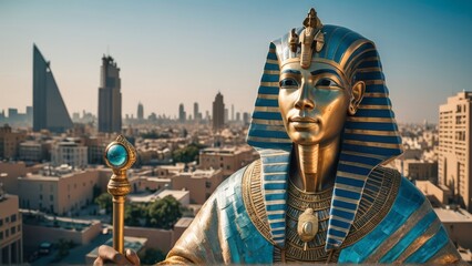 Hatshepsut statue with city skyline. History, travel design perfect for ancient Egypt, art, or architecture themes.