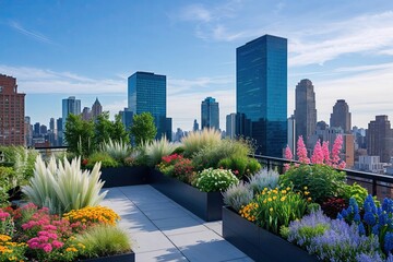 Fototapeta premium Lush Urban Rooftop Garden with Colorful Plants and Flowers against a Cobalt Blue Skyline
