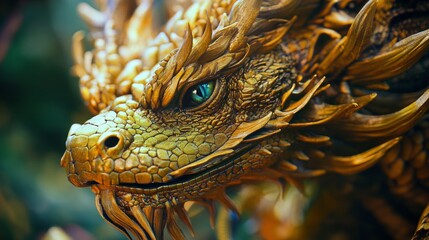 Golden dragon fantasy portrait with glowing eye details