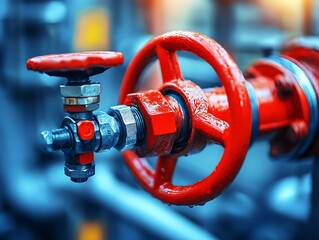 A close up image of a red industrial valve and controls