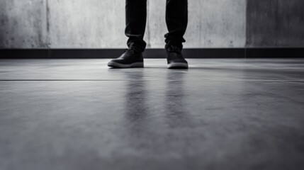 Minimal black and white image of man standing in hallway