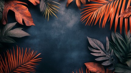 Dark tropical leaves with bold red and orange accents