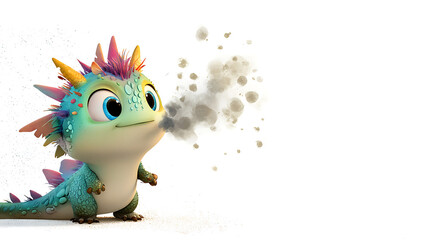 Fototapeta premium A cartoonish green dragon with a blue tail and pink. AI Generated