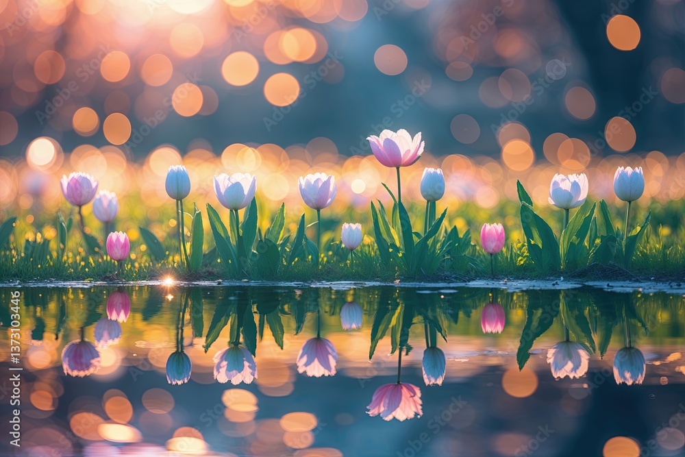 Poster dreamy spring reflection with gentle blur and bokeh highlights