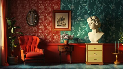 Luxurious vintage red room with classical statue and armchair