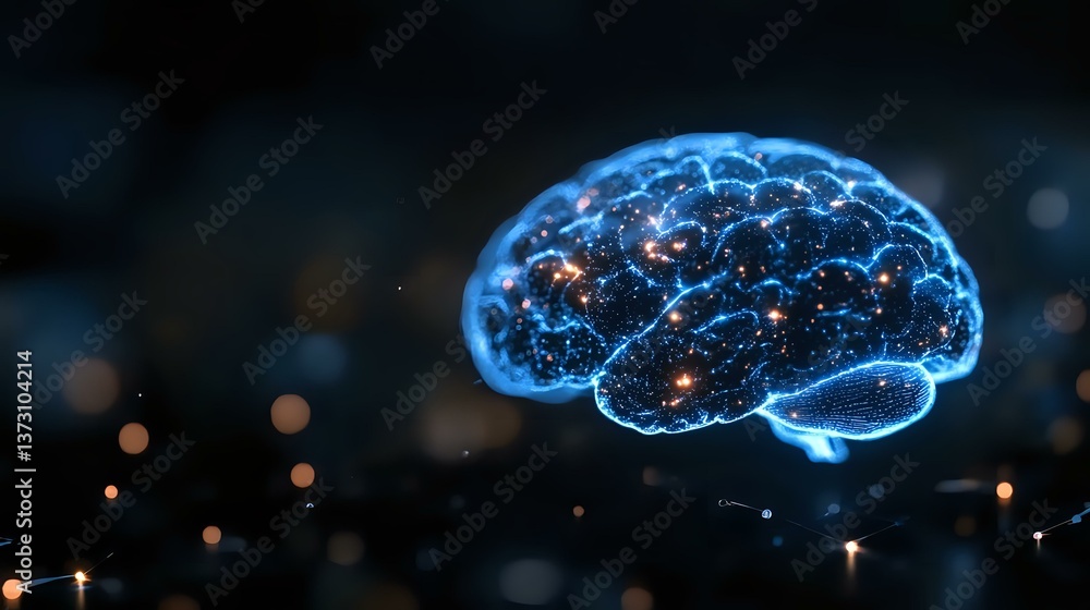 Poster glowing blue brain with neural connections floating in dark space surrounded by bokeh lights, repres